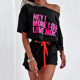 Letter Two Piece Sets Women Round Neck Tops Short Sleeve Lace Up Elastic Waist Loose Casual Shorts Pants Set Splice-Outfit