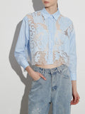 Toloer Stripe Retro See-Out Top Embroidery 2024 Autumn New Shirt Lace Female Short Style Advanced Sense-Outfit