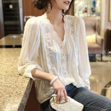 Wind Solid Color Lace Spliced Shirt Spring Autumn Long Sleeve Women's Hollow Out Chic Pearl Button Korean V-Neck