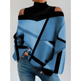 Women's Lantern Sleeves Geometric Print Tshirts Top Casual Loose Pullover High Neck T-shirt Roupas