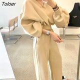 Womens Sportswear Suits Cotton Autumn Korean Loose Lantern Sleeve Pullover Casual Straight Leg Pants Two Piece Sets Sports