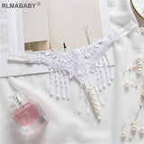 Embroidery Tassel Transparent G-String Temptation Pearl Massuge Women Underwear Thong Crotch Open Lingerie Briefs