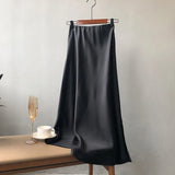 Women's High Waist Side Slit Hems Maxi Satin Skirt Elastic Waist Long
