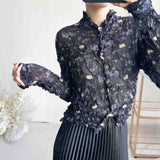 Folded Print Folding Shirt 2025 Summer New Cardigan Blouse Retro Temperament Wrinkled