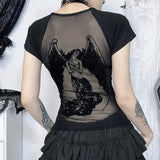 Summer 2024 New Spicy Girls Short Sleeves Dark Wind Street Full Of Bare Back Flocking Printed T-Shirt Girls-Outfit