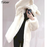 Warm Coats Women Imitation Mink Fur Hooded Coat Cute Bear Ear Plush Thicken Hoodie Fashion Loose Mid-length Hooded