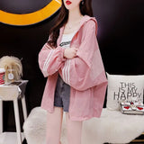 Female Casual Fahsion Striped Spliced Zipper Cardigan Loose All-match Thin Long Sleeve Hooded Jackets Women's