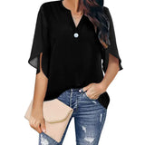 Toloer Women's Women's Short Sleeve Elegant Casual Solid Color V Collar Chiffon Shirt Chiffon