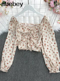 New Spring Fashion All-match square collar puff sleeve Shirt drawstring ruched Long Sleeve Shirt