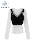 Aesthetics Mesh Tops Thin Woman Fake Two Pieces Korean Gothic Y2K O-Neck Patchwork Long Sleeve T-Shirts Sexy Spring