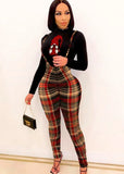 Casual Print Long Sleeve Top And Plaid Suspender Pant 2 Piece