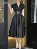 Elegant Dress For Women V Neck Short Sleeve High Waist Sashes Solid Midi Dresses Female Summer Clothing Style