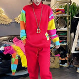 Candy Color Spliced Jumpers Women's Clothing Casual Half High Collar Autumn Winter Chic Letter Patch Designs Sweaters-Outfit
