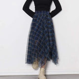 Hit Color Casual Patchwork Mesh Women's Skirts High Waist Plus Size Loose Plaid Skirt Female 2023 Autumn Clothing