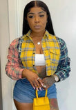 Contrast Plaid Button Long Sleeve Short