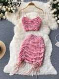 Korean Style Women Set Summer 2022 V Neck Backless Drawstring Sexy Strap Top+ Ladies Mini Skirt Bodycon Two Piece