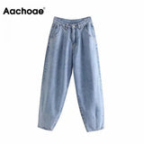 Women Blue Harem Jeans Loose mom Jeans High Waist Streetwear Boyfriends Washed Denim Long Trousers Bottoms Slouchy
