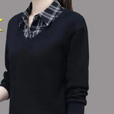 and Autumn Women's Pullover Polo Collar Button Plaid Contrast Panel Long Sleeve T-shirt Polo Bottom Fashion Casual Tops-Outfit