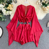 New Summer 2 Piece Outfits For Women Flare Sleeve Crop Top + Broad-legged Shorts Fashion Ladies Sexy Solid Chiffon Suit