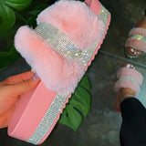 Slippers Women 2021 Fashion Summer Fur Slides For Woman Rhinestone Sandals Fluffy Female Shoes Glitter Indoor Diamond