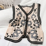 Women Chic Sweet Retro Single Breasted V-neck Ladies Cropped Outwear All-match Hollow Out Design Floral Female