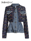 TWOTWINSTYLE Casual Patchwork Denim Set For Women Stand Collar Long Sleeve High Waist Fold Pleated Sets Female 2021 Autumn
