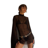 Women's Sexy Bikini Cover-Ups Summer See-through High Turtleneck Sundress Flare Long Sleeve Dress Beachwear Smocks-Outfit