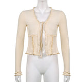 Ruffles Cute Y2K Cardigan Shirts Vintage Aesthetic Long Sleeve Spring Autumn Tops Women Tie Up V Neck Kawaii Crop