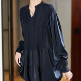 Knitted Patchwork Blouse Spring Autumn Korean Loose Women's Clothing Basic Fake Two Pieces Casual Half Open Collar