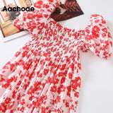 Summer Vintage Floral Printed Midi Dress Women Puff Short Sleeve Square Collar Dresses Female Elegant A Line