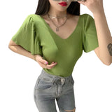 Small Sexy V-Neck T-Shirt Summer Pink Top Women's Lotus Side Of The Ocean With Thin Collarbones Cover Short