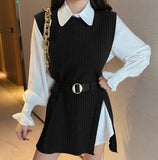 The Spring And Autumn Of 2024, The New Medium-And Long-Style Sweater Suit Shows A Thin Tie, Waist Knitted Vest Shirt And Two Sets Of Women.-Outfit