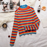 Spring Autumn Long Sleeve Knit Sweater Women Stripe Cute Hit Color Casual Pullover Tops Female Basic Ulzzang
