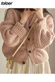 Quality Vintage Solid Cardigan Crop Women V-neck Single Breasted Casual Loose Thick Sweater Knitwear Elegant Winter