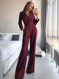 Long Sleeve Summer Jumpsuit Women V Neck Casual Straight Pant Jumpsuit Fashion Office Lady Jumpsuit Women Solid-Outfit