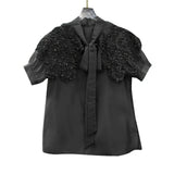 Patchwork Diamonds Shirt For Women Bowknot Collar Short Sleeve Solid Blouses Female Fashion Clothing Style New