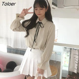 Women Shirts Turn-down Collar Flare-sleeve Bows Lace-up Solid Sweet Loose Tops Korean Style Students Elegant Casual Chic