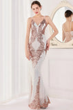 White Formal Sequin Sleeveless V-Neck Mermaid Evening