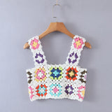 Harajuku Handmade Hollow Out Crochet Plaid Flower Tanks Women Summer Cropped Tops Retro Cool Girl Short Tee Holiday-Outfit