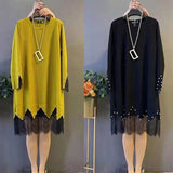 Winter New Fashion Midi Dress Casual Solid Color Lace Patchwork Commute Straight Korean Embroidered Flares O-Neck