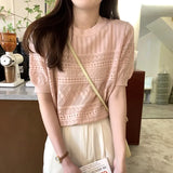 Version Of Chic Summer Sweet Round Collar Hooded T-Shirt Design Hollow Flowers Thin Knitted Shirt