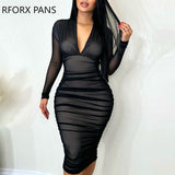 Women Deep V Neck Mesh Patch Folds Long Sleeves Bodycon Formal Party Sexy Midi Dress-Outfit