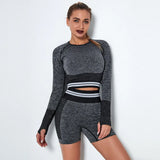 Seamless Women Set Bra Shorts Workout Sportswear Gym Clothing Fitness Long Sleeve Crop Top High Waist Leggings Sports