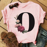 Letter Alphabet A-Z Women T-Shirts Fashion Breathable Flowers Short Sleeve Casual Tops Couple Basic Tee Crew Neck Clothes