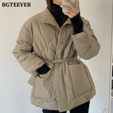 Winter Thick Cotton Padded Coats Women Single-breasted Zippers Lace-up Female Parkas Stand Collar Female