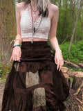y2k Cute Party Long Skirts Printed Boho Grunge Fairyore Retro Skirts Kawaii Holiday Brown Pleated Skirts Women