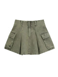 Women's Denim Skirt Retro Wash Green Pleated Pockets High Waist Zipper Short Mini Skirt 2024 Summer New Fashion 29L2823-Outfit