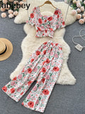Women Summer Bohemian Floral Set Puff Sleeve Short Tops+High Waist Pleated Wide Leg Long Pants Two Pieces
