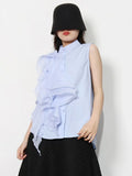 Solid Shirt For Women Stand Collar Sleeveless Ruffle Trim Button Through Blouse Female Fashion Clothing Style
