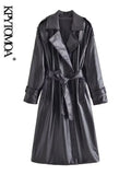 Women Fashion With Belt Faux Leather Trench Coat Vintage Long Sleeve Flap Pockets Female Outerwear Chic